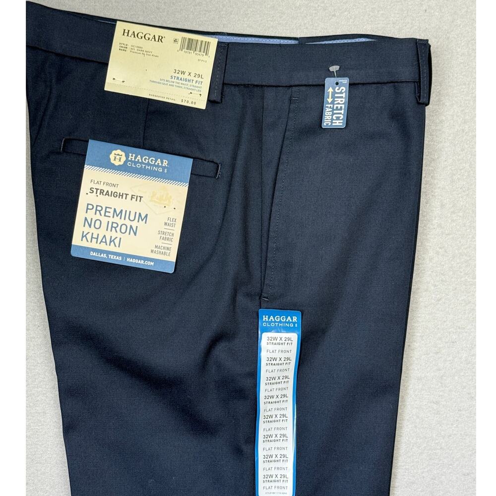 Hagar Men's Super Flex Waist Straight Flat-Front Khaki Pants Navy 32x29 $70